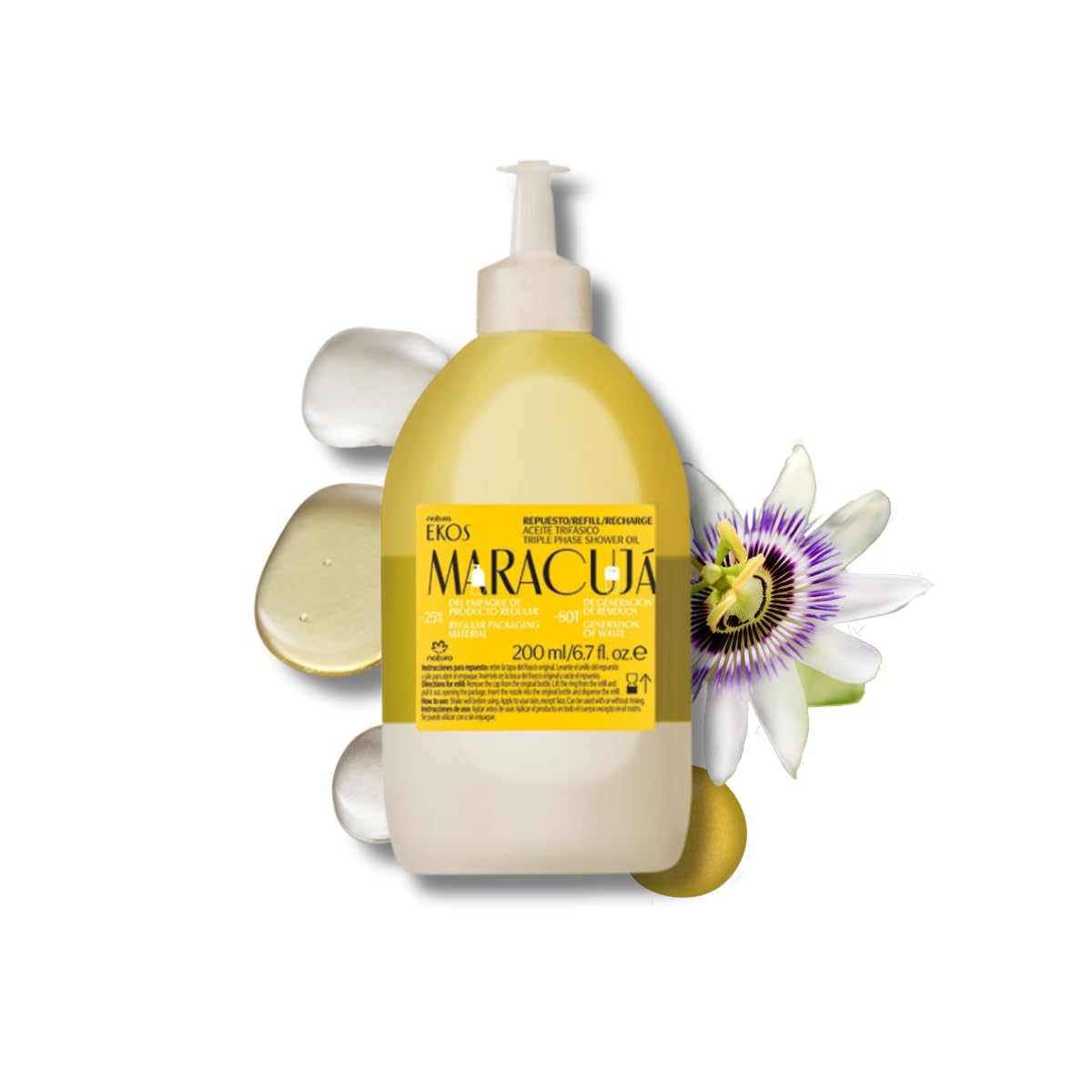 natura- - Recambio de aceite de ducha trifásico Ekos Maracujá - Aceite corporal calmante para ducha o baño - Perfumado - Baño